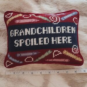 Vintage "Grandchildren Spoiled Here" Mini Red Pillow Wool Stitch with Filling